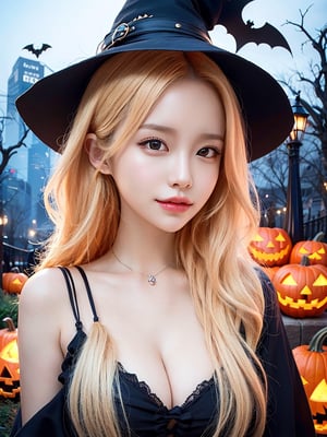 masterpiece, one girl, blonde hair, white skin, beautiful character drawing, realistic cute girl drawing, realistic digital painting, very beautiful portrait, beautiful and beautiful digital painting, gorgeous digital painting, surreal painting style, realistic painting style, stunning digital painting, high quality portrait, realistic digital art 4k, realistic digital art 4k, Asuka, halloween costume, witch costume, fashion, jack-o-lantern decoration, pumpkin, bat, Harajuku, hairdresser, real hand, halloween