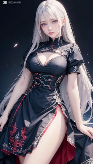 absurd, essential, best quality, nffsw, 1 female, mature female, (sharp focus), villain smile, medium breasts, (long silver hair), hime style, hime hair, (blue eyes), (detailed eyes), red and white nugoth dress, short sleeves, thighs, realism, Black_castle, highly detailed, vibrant, intricate details, photorealistic, Sulgilorashi, d4sh4, 2b, plain doll, fancy clothes