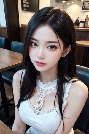 Ultra high resolution, masterpiece, highest quality, highly detailed face, detailed eyes, highly intricate, perfect shiny glowing skin, perfect lighting, detailed lighting, dramatic shadows, ray tracing, 1 girl, upper body, black knitted dress with lace, looking at viewer, pretty girl, sitting at a cafe