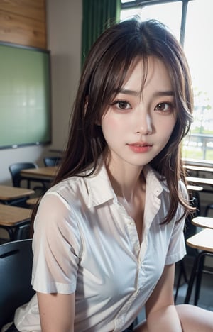 a closeup, masterpiece, top-quality, Raw foto, Photorealsitic, A smile, beautiful a girl, cute little, length hair, depth of fields, hight resolution, ultra-detailliert, detaile, extremely detailed eye and face, Sharp pupils, Realistic pupils, sharp focus, Cinematic lighting、School Uniforms、Sitting on a chair in a classroom、The upper part of the body、,Bomi,Beauty