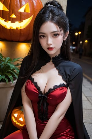 Ultra high resolution, masterpiece, highest quality, highly detailed face, detailed eyes, highly complex, perfect shiny glowing skin, perfect lighting, detailed lighting, dramatic shadows, ray tracing, 1 girl, upper body, Count Dracula costume with lace, elegant black cape, high collar, red satin lining, bloody fangs, slicked back hair, white gloves, aristocratic attitude, looking at viewer, pretty girl, sitting in Halloween cafe decorated with jack-o-lanterns, shrink, Halloween, Halloween costume, night sky