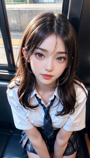 (8K High Resolution), (Highest Quality), (RAW Quality), (Tabletop: 1.2), (Realistic), (Photorealistic: 1.37), ,Big eyes, long eyelashes, (Live-action realistic style), Ultimate face, realistic light and shadow, distinct facial features, ,Fair skin, ),Best portrait, Close-up shot, 1 girl, Cute, Beautiful detailed eyes, Highly detailed skin, (Beautiful face with double eyelids), (Realism: 1.4), ((Full body image)) ,Detailed and beautiful face,, Woman around 20 years old, (Beautiful face 1.4),Medium hair,((Japanese high school student in uniform)),(Eye contact with audience),Red lipstick,Drawing lines around eyes,(Smiling slightly),Sitting on a train seat,(Japanese uniform),Beautiful face in the light,Red lipstick,Drawing around eyes,Very beautiful legs,Attractive,Very bright world,Tie,Checked,Checked skirt,School uniform,White shirt