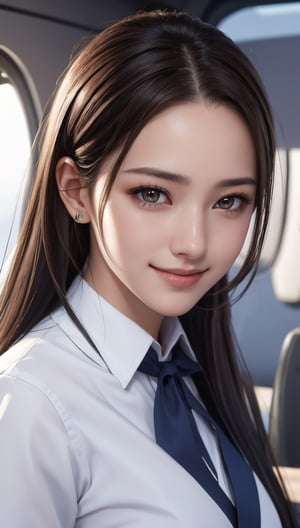 Ultra high resolution, masterpiece, top quality, highly detailed face, detailed eyes, very complex, perfect shiny shiny skin, perfect lighting, detailed lighting, dramatic shadows, ray tracing, 18 years old, 1 girl, pulled back hair, upper body, stewardess uniform, looking at camera, (smile): 0.4), acjc, surugirashi, minji