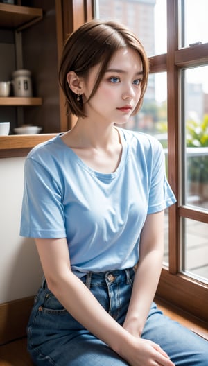 (8k, raw photo, highest quality, master piece: 1.2), (realistic, photorealistic: 1.37), One Girl, Only 19, cute, adorable, (blue eyes), (shy smile: 0.4), (solo), Details Face, oval face, pale almond-shaped eyes, (short brown hair: 1.3), hair over one eye, slender build, medium chest, white collared shirt, lying on back, head tilted, fluorescent Lights, sitting in a coffee shop, by the cafe, window, small head, (looking away), teenage girl, earrings, pen