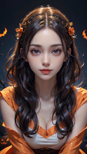 (8K High Resolution),(Best Quality),(RAW Quality),(Tabletop: 1.2),(Realistic),(Photorealistic: 1.37),Big eyes,Long eyelashes,(Realistic photorealistic style),Ultimate face,Realistic light and shadow,Clear facial features,Fair skin,Best portrait,Close-up,Single girl,Cute,Beautiful detailed eyes,Highly detailed skin,(Beautiful face with double eyelids),(Realism: 1.4),((Full body image)),Beautiful face with great detail,,Woman around 20 years old,(Beautiful face 1.4),Medium hair,(Japanese high school student wearing Halloween costume),(Eye contact with audience),Red lipstick,Drawing around eyes,(Smiling a little),Halloween night city,,Halloween costume,Long sleeves,Beautiful face in the light,Red lipstick,Drawing around eyes,Very beautiful legs,Very bright world,Jack-o'-lantern,Pumpkin,Halloween