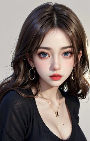 (incredibly absurd, super detailed, cg, uniform, 8k wallpaper), (masterpiece), (realistic), (photorealistic: 1.2), (raw photo: 1.2), (highest quality: 1.2), (detailed face: 1.4), (beautifully detailed eyes: 1.2), (detailed hair), light on face, huge file size, cinematic lighting, 1 girl, sexy, eyeliner, cute, student, long hair, brown hair, ((wavy hair)), hair accessory, ((light blush)), ((mole under eye)), ((expressionless eyes)), blue eyes, ((medium breasted)), fashionista, red lips, makeup, shirt lifted, ((black sweater dress)), black knee-high socks, high heels, jewelry, earrings, necklace, look at the viewer, depth of field,