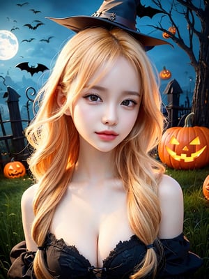 masterpiece, one girl, blonde hair, white skin, beautiful character drawing, realistic cute girl drawing, realistic digital painting, very beautiful portrait, beautiful and beautiful digital painting, gorgeous digital painting, surreal painting style, realistic painting style, stunning digital painting, high quality portrait, realistic digital art 4k, realistic digital art 4k, Asuka, halloween costume, witch costume, fashion, jack-o-lantern decoration, pumpkin, bat, Harajuku, hairdresser, real hand, halloween