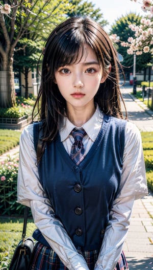 masterpiece, best quality, high resolution face, detailed eyes, 1girl,solo,school uniform,medium breasted, vest, brown hair, overgrown, bag, landscape, nature, plaid, striped tie, shirt,blossoms,falling_petals,looking at viewer,
