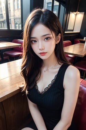 Ultra high resolution, masterpiece, highest quality, highly detailed face, detailed eyes, highly intricate, perfect shiny glowing skin, perfect lighting, detailed lighting, dramatic shadows, ray tracing, 1 girl, upper body, black knitted dress with lace, looking at viewer, pretty girl, sitting at a cafe