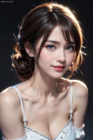 Top quality, 8K, masterpiece, single girl, slim abs beauty, casual hairstyle, big breasts, white pattern dress, kneehighs, highly detailed face, delicate eyes, two heavy eyelids, shy and dynamic pose, thighs, smiling anime girl, ash brown hair and blue eyes, Zaat Krenz feminization key art, beautiful woman portrait, detailed digital anime art, high definition official artwork, detailed anime art, female anime hero portrait,fashion