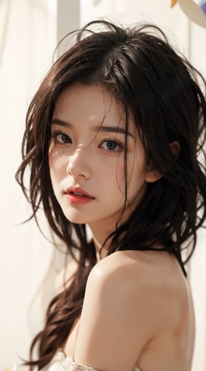 masterpiece, best quality, ultra high res, (photorealistic:1.5), 1girl, solo, offshoulder, long black hair,  realistic, looking at viewer, black eyes, short hair, 1 girl, just wake up, detailed face,  shy face looking at camera,  feeling shy, red lips, bangs, in a white room, little open mouth, upper, large breasts body,Detailedface,hinata,1 girl, whole body