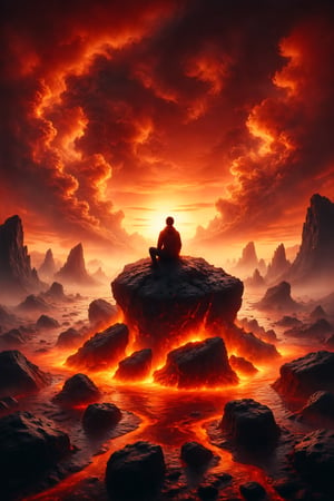 Create an illustration of a person sitting on a floating rock in a sea of lava under a red sky.