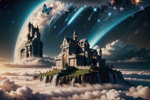 photorealistic photography in high definition, of a mystical fantasy scene, closeup of a casttle with wing, open wings, flowers and butterflies should be around it, with interstellar space visible in the sky, with golden luminous flashes and shooting stars and castle Elevated above the clouds, a mystical and enigmatic scene