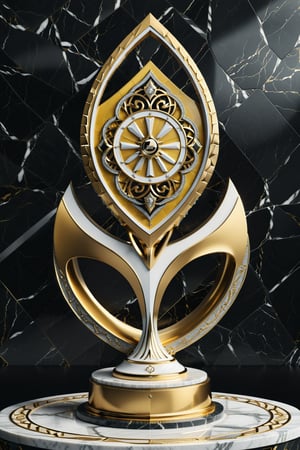 High definition photorealistic render of a luxurious trophy inspiration on cycling man sport, in metal and marble dark yellow color, in diamond-encrusted metal, with fluid and parametric curves, located on a marble and metal throne, with intricate details, and luxurious velvet fabric full of elegant mystery, symmetrical, geometric and parametric details, Technical design, Ultra intricate details, Ornate details. shutter speed 1/1000, f/22, white balance, vintage aesthetic, retro aesthetic, retro film, dramatic setting, horror film