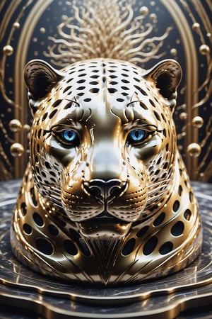 (best quality,  highres,  ultra high resolution,  masterpiece,  realistic,  extremely photograph,  detailed photo,  8K wallpaper,  intricate detail,  film grains),  High definition photorealistic, luxurious hyperrealistic poster composition holographic foil crystal of a luxury jaguar in gold metal with ornaments realistic, metal marble surrealistic, hipermaximalistic,  black and white gold details with art deco style
