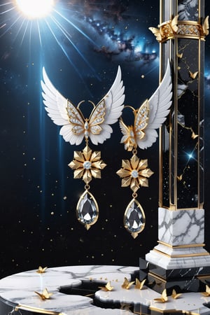 High definition photorealistic render of an incredible and mysterious beautiful and luxurious feminine Earrings with intricate gold and white marble details and with wings adorning the design, placed on a luxurious column-style throne in black and white marble with crystal and glass with iridescent details and parametric style, located in a desert night landscape, a sky visible to interstellar space, with asteroids, space matter, galaxies, lightning, rain and stars with flowers, white and red feathers and butterflies, a surreal scene with floating sands
