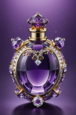 (best quality, highres, ultra high resolution, masterpiece, realistic, extremely photograph, detailed photo, 8K wallpaper, intricate detail, film grains) Photorealistic render in high definition of a majestic perfume made of crystal sculpted in an ornamental parametric style, inlaid with diamonds and precious stones, morphologically and conceptually inspired by a purple bear, its presentation and arrangement, along with the background must follow the same theme, even the colors, the perfume must be located on a throne of glass and marble and with ornamental details and baroque style, glass with an iridescent effect must be included, and a detailed explosion of the scenery, with fabrics, full of elegant mystery, symmetrical, geometric and parametric, Technical design, Ultra intricate details, Ornate details