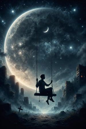 Create an illustration of a person sitting on a swing hung from a crescent moon in the night sky.