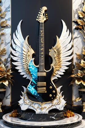 High definition photorealistic render of an incredible and mysterious beautiful and luxurious electric guitar with intricate gold and white marble details and wings adorning the design, placed on a luxurious column-style throne in black and white marble with crystal and glass with iridescent details and parametric style, located in a daytime landscape with an ice floor, with leaves autumn, many flowers and dry trees, with a strong sun in the background with fire and smoke
