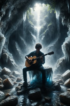 Generate an image of a person playing a guitar in a crystal cave under a waterfall.