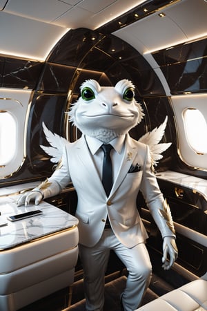High definition photorealistic render of an incredible and mysterious private jet character in the shape of an elegant white frog animal with feathers, with dragon wings, in interior private jet, with an elegant suit, luxurious details and parametric architectural style in marble and metal, epic pose
​
