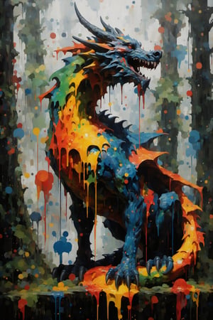 dragon in the Forest - Made on canvas, viewer, colorful, ultra-realistic, unreal engine, dripping paint, side view, wolf made entirely of colored paint and splattered with paint, abstract, dripping paint, full shot, full body.