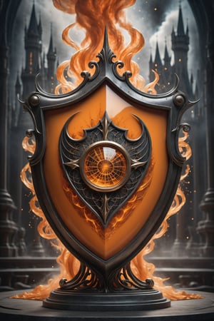 (best quality,  highres,  ultra high resolution,  masterpiece,  realistic,  extremely photograph,  detailed photo,  8K wallpaper,  intricate detail,  film grains),  High definition photorealistic photography of ultra luxury,  Design concept of premium collectible Gothic shield in orange color,  set in a chaotic environment with swirling fire particles and a Gothic castle in the background smoke. A luxurious design featuring marble,  glass,  and golden metal,  with black and white details. The design is inspired by the main stage of Tomorrowland 2022,  with ultra-realistic gothic details and a high level of intricacy in the image.