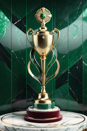 High definition photorealistic render of a luxurious trophy inspiration on weightlifting sport, in metal and marble green dark color, in diamond-encrusted metal, with fluid and parametric curves, located on a marble and metal throne, with intricate details, and luxurious velvet fabric full of elegant mystery, symmetrical, geometric and parametric details, Technical design, Ultra intricate details, Ornate details. shutter speed 1/1000, f/22, white balance, vintage aesthetic, retro aesthetic, retro film, dramatic setting, horror film