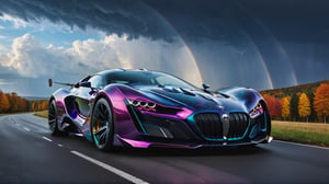 (best quality,  highres,  ultra high resolution,  masterpiece,  realistic,  extremely photograph,  detailed photo,  8K wallpaper,  intricate detail,  film grains), luxurious  parametric CAR style with a skull with bat wings in metal and marble in parametric style inspired by the architecture of Zaha Hadid, marble and iridescent glass, with a rainbow effect, on a night of terror in autumn, with clouds dark and lightning in the sky This is a photographic scene designed with advanced photography,  CGI,  and VFX parameters,  in high definition,  ensuring flawless execution. high level of intricacy in the image.