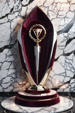 High definition photorealistic render of a luxurious trophy inspiration on super car sport, in metal and marble burgundy dark color, in diamond-encrusted metal, with fluid and parametric curves, located on a marble and metal throne, with intricate details, and luxurious velvet fabric full of elegant mystery, symmetrical, geometric and parametric details, Technical design, Ultra intricate details, Ornate details. shutter speed 1/1000, f/22, white balance, vintage aesthetic, retro aesthetic, retro film, dramatic setting, horror film