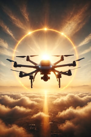 Generate an image of a person flying in a solar-powered drone around the sun, with the sun illuminating their path.