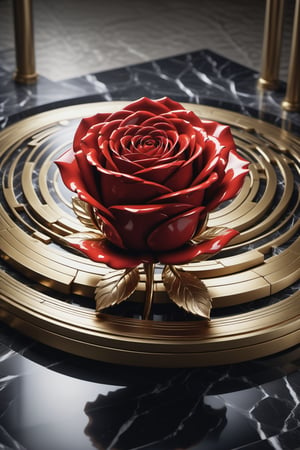 (best quality,  highres,  ultra high resolution,  masterpiece,  realistic,  extremely photograph,  detailed photo,  8K wallpaper,  intricate detail,  film grains), luxurious gold sculpture inside a hotel in parametric style of a beautiful red rose, with marble and metal, a luxury scene in marble and metal and glass in art deco, on a parametric background of metal and marble, excessive luxury. This is a photographic scene designed with advanced photography, CGI and VFX parameters, in high definition, ensuring impeccable execution. high level of complexity in the image