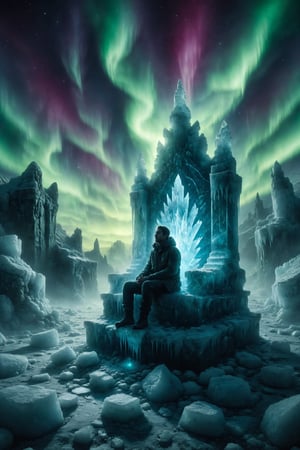 Create an illustration of a person sitting on an ice throne in a crystal palace under the northern lights.