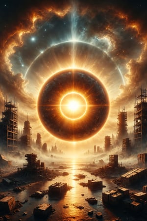Generate an image of a mega construction floating in te space stelar betwen the sun ethereal