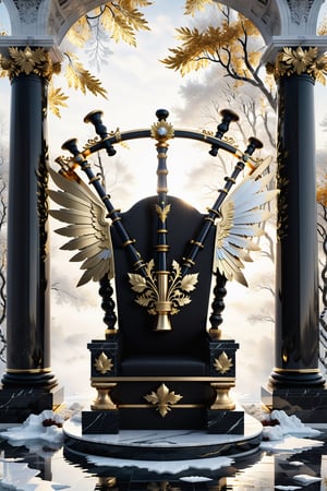 High definition photorealistic render of an incredible and mysterious beautiful and luxurious Bagpipes with intricate gold and white marble details and wings adorning the design, placed on a luxurious column-style throne in black and white marble with crystal and glass with iridescent details and parametric style, located in a daytime landscape with an ice floor, with leaves autumn, many flowers and dry trees, with a strong sun in the background with fire and smoke