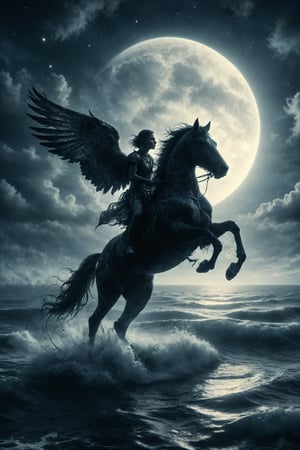 Generate an image of a person riding a winged horse over a moonlit ocean.