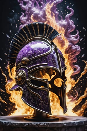 (best quality,  highres,  ultra high resolution,  masterpiece,  realistic,  extremely photograph,  detailed photo,  8K wallpaper,  intricate detail,  film grains),  High definition photorealistic photography of ultra luxury,  Design concept of premium collectible Gothic and Medieval-style gladiator helmet, with backgrtound purple, set in a chaotic environment with swirling fire particles and a Gothic castle in the background. A luxurious design featuring marble,  glass,  and golden metal,  with black and white details. The design is inspired by the main stage of Tomorrowland 2022,  with ultra-realistic gothic details and a high level of intricacy in the image.