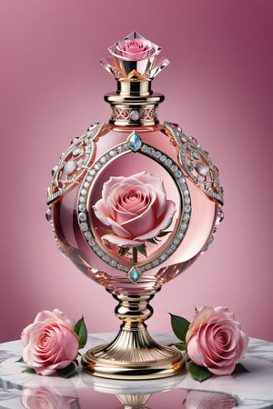 (best quality, highres, ultra high resolution, masterpiece, realistic, extremely photograph, detailed photo, 8K wallpaper, intricate detail, film grains) Photorealistic render in high definition of a majestic perfume made of sculpted crystal in an ornamental parametric style, inlaid with diamonds and precious stones, morphologically and conceptually inspired by a pink rose with an pastel pink background, its presentation and arrangement, together with the background, must follow the same theme The background must also be pink in marble, including the colors, the perfume must be located on a glass and marble throne and with ornamental details and a baroque style, glass with an iridescent effect must be included, and a detailed explosion of the scenery, with fabrics. , full of elegant mystery, symmetrical, geometric and parametric details, Technical design, Ultra intricate details, Ornate details