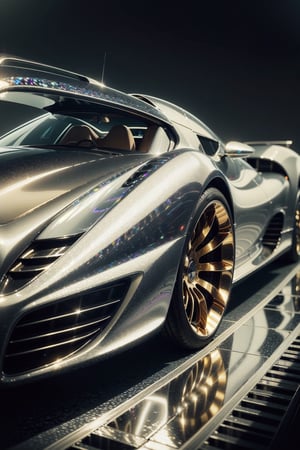 luxurious hyperrealistic poster poster holographic foil crystal style of a luxury super car parametric style inspired in zaha hadid, in gold metal with ornaments realistic, black and white gold details with art deco style