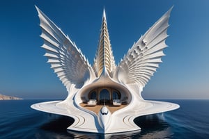 (best quality,  highres,  ultra high resolution,  masterpiece,  realistic,  extremely photograph,  detailed photo,  8K wallpaper,  intricate detail,  film grains), luxurious parametric yatch sculpture in marble on a under sea, in metal of a mega rocket with giant glass wings, inspired by the sculptural designs of Zaha Hadid, it must be symmetrical and with shapes similar to the wings, and in the middle there must be a sword with a throne-style gothic design and general everything with very fluid curves and pointed corners, an aggressive and imposing design with a lot of details in each parametric curve, the design should be inside a castle with marble, details in precious stones
