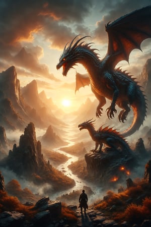 Design a scene of a person riding a dragon over a mountainous valley at dawn.
