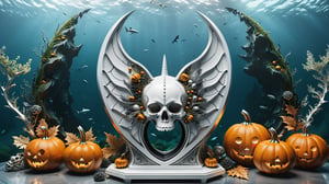 Photorealistic representation in high definition of luxurious and mythical trophy with a parametric style inspired by Zaha Hadid's designs, in metal, glass and marble in the shape of rocket wings, and next to it it must be surrounded by pumpkins, with spooky paths, and details in skulls, a mythical scene halloween immersed in the bottom of the sea, with fish and sharks and seaweed and marine vegetation and water