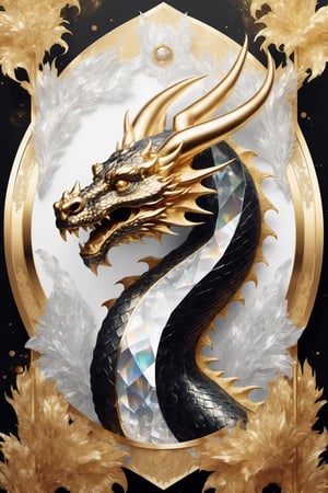 luxurious hyperrealistic poster composition holographic foil crystal of a luxury dragon in gold metal with ornaments realistic, black and white gold details with art deco style