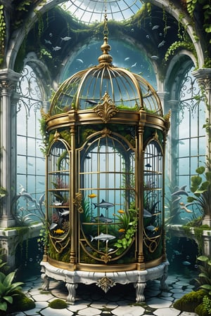 High definition photorealistic render of an incredible and mysterious luxurious abandoned cage with wing, with vining plants and moss, made in white marble with black and gold details in classic abandoned ornament and located on the seabed, with fish sharks marine life, aquatic plants, sea beds, shells and explosion of bubbles