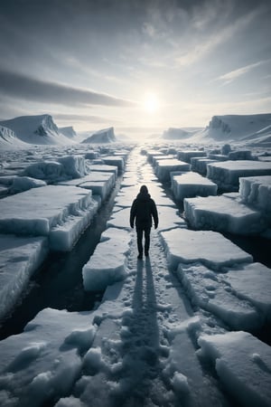 Generate an image of a person walking on an ice bridge in a polar landscape.