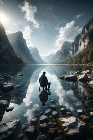 Generate an image of a person contemplating their reflection in a crystal clear lake surrounded by mountains.