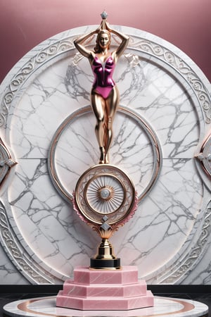 High definition photorealistic render of a luxurious trophy inspiration on gymnastic woman sport, in metal and marble pink color, in diamond-encrusted metal, with fluid and parametric curves, located on a marble and metal throne, with intricate details, and luxurious velvet fabric full of elegant mystery, symmetrical, geometric and parametric details, Technical design, Ultra intricate details, Ornate details. shutter speed 1/1000, f/22, white balance, vintage aesthetic, retro aesthetic, retro film, dramatic setting, horror film