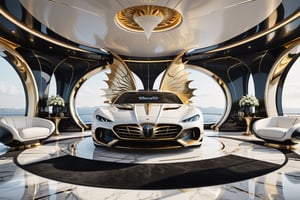 High definition photorealistic render of a luxury super yacht very sculptural and with fluid and organic shapes, with symmetrical curves in the shape of dragon wings in background marble black & white details gold, inspired by the style of Zaha Hadid, gold, with black and white details. The design is inspired by the Tomorrowland 2022 main stage, with ultra-realistic Art Deco details and a high level of image complexity