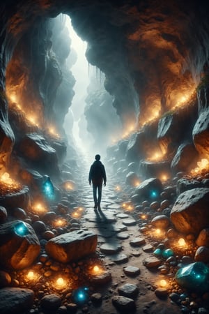 Create an illustration of a person walking on a path of precious stones in a lit cave.