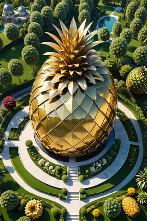 High definition photorealistic render of an incredible and majestic building in luxurious parametric and biomimetic architecture with a giant pineapple shape and themed with this fruit, in isometric view, in a landscape surrounded by nature, flowers, sculptures and apple trees with details in marble and metal luxurious gold with hypermaximalist details in art deco, marble, metal and parametric glass zaha hadid
​
